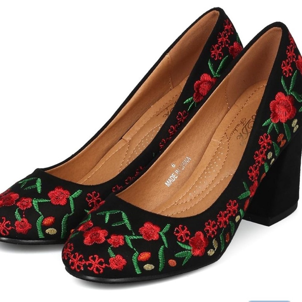 DBDK Fashion Block Heels Floral Embroidered 9 Black Cottagecore Boho Folk Art